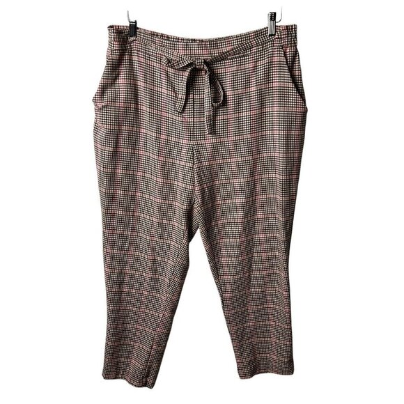 C By One Pants Pull‎ On Slim Ankle Black White Red Check Belted Women’s XL - Picture 1 of 9